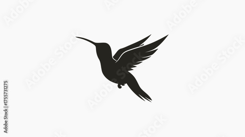 Silhouette of a hummingbird in flight, wings spread, long beak