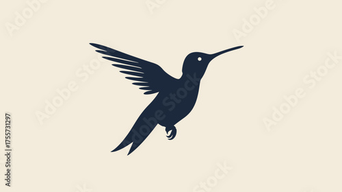Minimalist dark blue hummingbird silhouette in flight against a plain light background