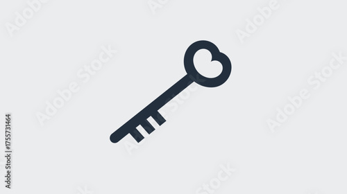 A stylized, dark silhouette of a key with a heart-shaped bow on a light gray background