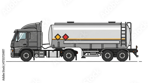 Side view of a heavy-duty tanker truck for liquid transportation, featuring a large silver tank. Essential for industrial logistics