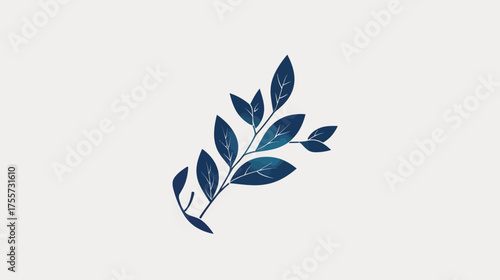 A stylized indigo branch with multiple leaves, set against a light background