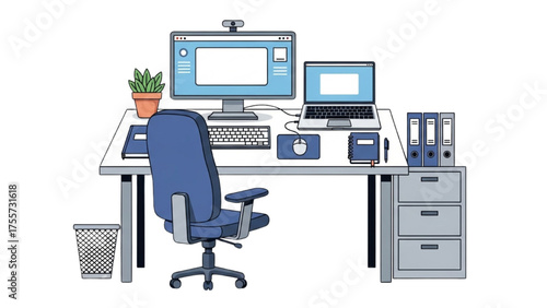 A home office setup with a computer, laptop, desk chair, and supplies