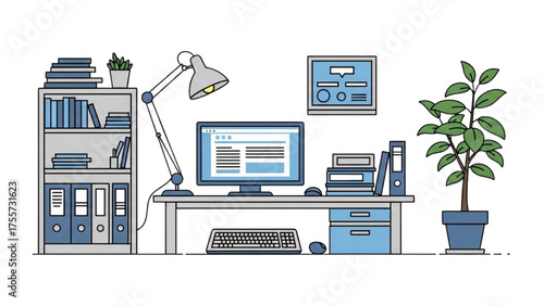 Line art illustration of a modern home office interior with a computer, desk, and bookshelf