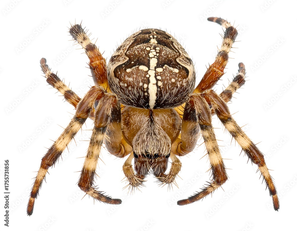 Obraz premium Close-up view of an orb-weaver spider, centered against white