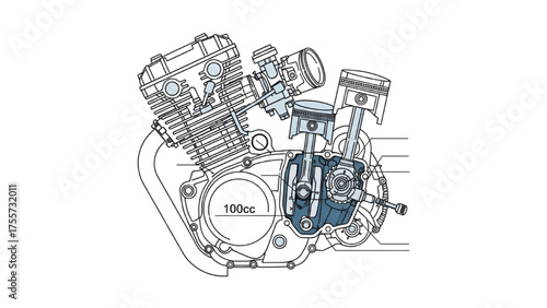 Detailed technical illustration of an internal combustion engine, showcasing core components like pistons, crankshaft, and cylinders