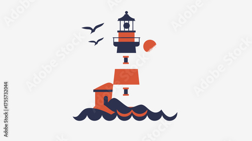 Stylized lighthouse and sun against a white background, with birds
