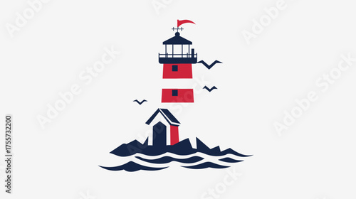 A minimalist red and blue lighthouse on rocky island with flying birds