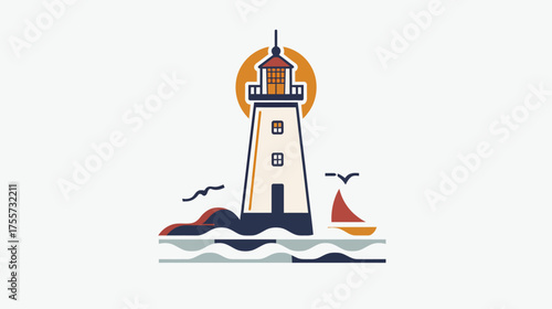 Nautical scene with a lighthouse, sun, sailboat, and birds