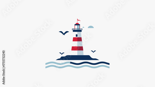 Stylized lighthouse with seagulls and ocean waves on a white background