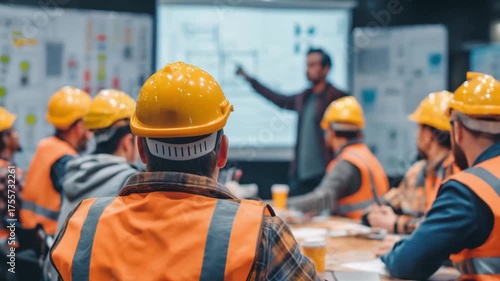Workers in safety gear attentively listen as a presenter outlines construction project details and safety measures in a conference room