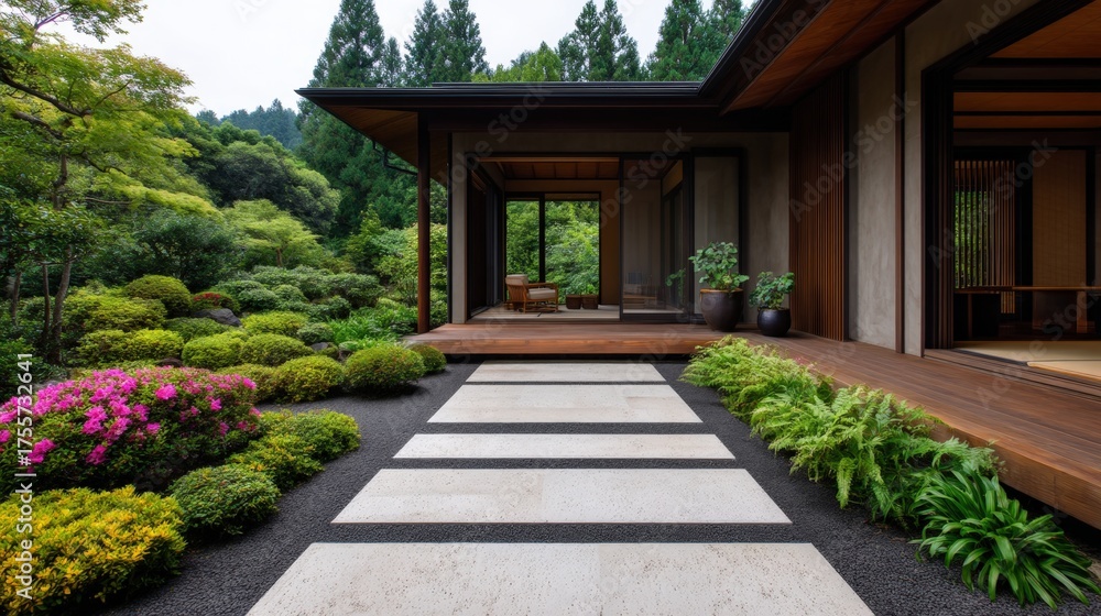 Fototapeta premium Heritage tea practice, A serene modern home blends with a lush garden, featuring stone pathways, vibrant flowers, and a peaceful atmosphere.