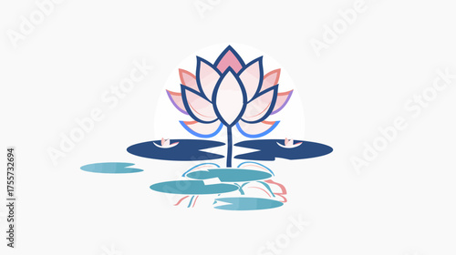 Stylized lotus flower with lily pads floating on tranquil water