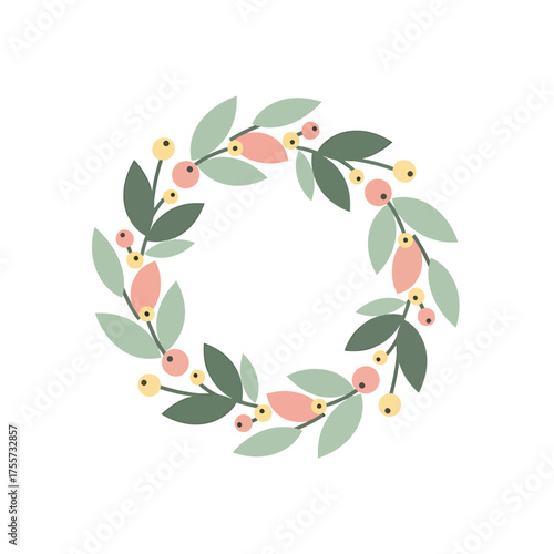 Charming floral wreath with green leaves and pink and yellow berries, perfect for festive decoration and graphic design