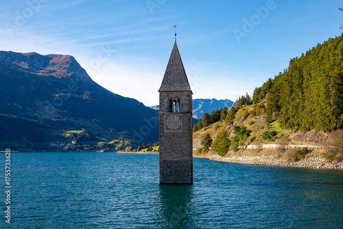 Resia pass lake and the bell tower