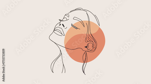 A minimalist line drawing of a woman's face, tilted upwards, with warm circles behind her