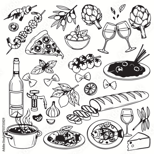Minimalist Hand Drawn Mediterranean Food Vector Set – Italian Cuisine Doodles of Food and Drinks Isolated on White Background