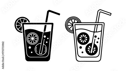 Refreshing drinks with lemon and straw with transparent background