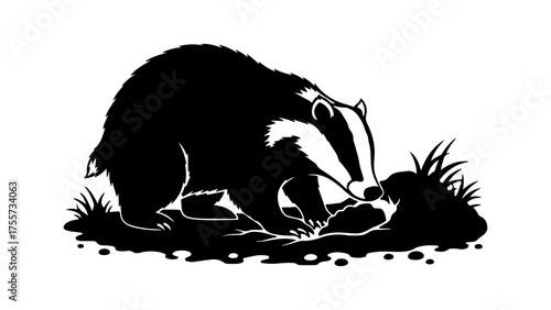 Badger foraging in dirt with transparent background