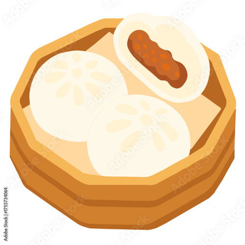 An isometric illustration of a bamboo steamer basket holding three white, fluffy steamed buns (baozi or mantou).