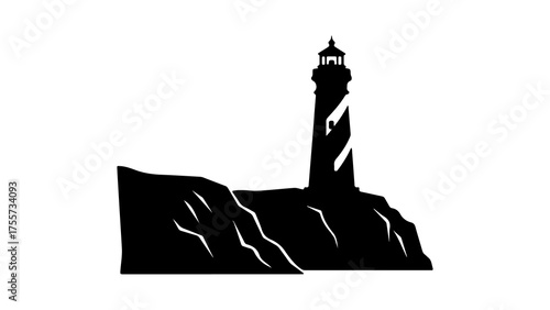 Lighthouse on rocky cliff with transparent background