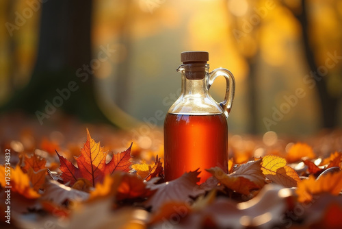 Glass bottle with apple sidre of maple syrup standing among autumn leaves in warm golden sunlight, symbolizing fall harvest, organic food, and natural sweetness, perfect for culinary, seasonal