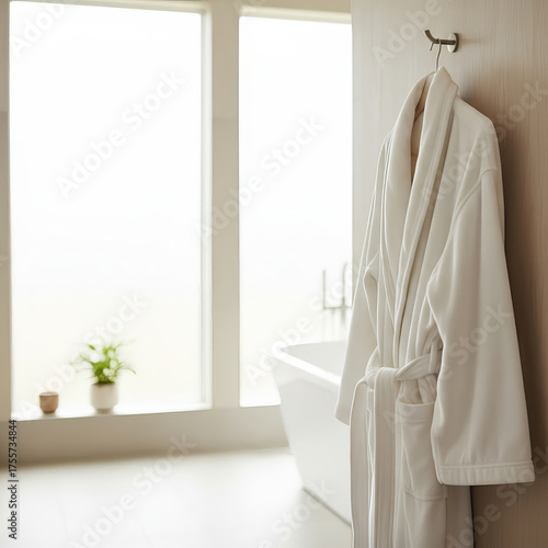 Soft white bathrobe hanging on a hook in bright minimalist bathroom interior with natural light, cozy spa home decor concept, modern lifestyle, relaxation and comfort atmosphere