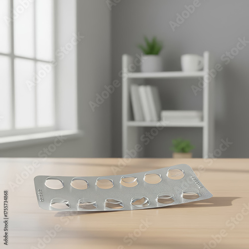 empty blister pack on wooden table in bright minimalist room symbolizing medication use healthcare recovery medical treatment and daily routine concept with soft natural light and calm atmosphere