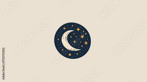 Crescent moon with scattered stars in a dark circle