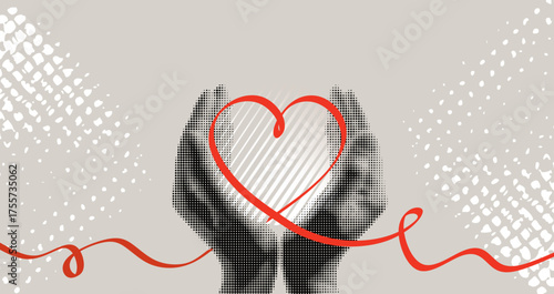 Halftone hands red holding heart drawn one line. Valentines day greeting card. Concept of love, charity, hope. World heart day banner
