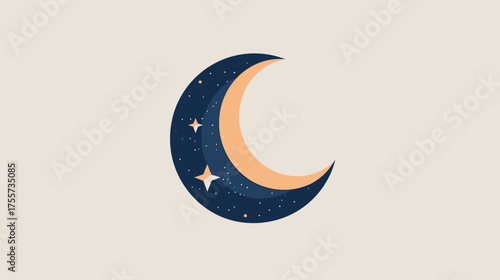 Crescent moon and stars against a muted, speckled background