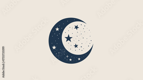 Dark crescent moon silhouette filled with stars and small dots on a light background