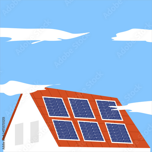 A house roof equipped with solar panels converting sunlight into eco-friendly electricity, flat art design style.
