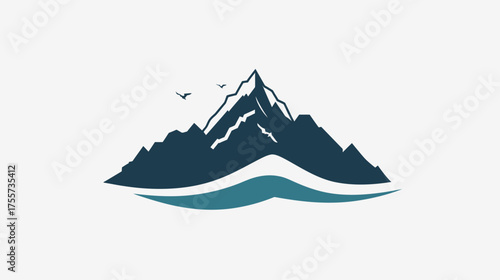 Stylized mountain range with a wave and birds flying