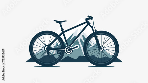 A dark bicycle sits before stylized mountains