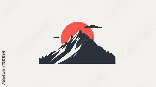 Stark mountain silhouette against a vibrant red sun and pale sky
