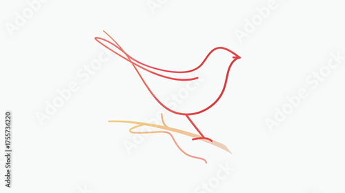 A minimalist, stylized red bird perches on a thin, abstract branch