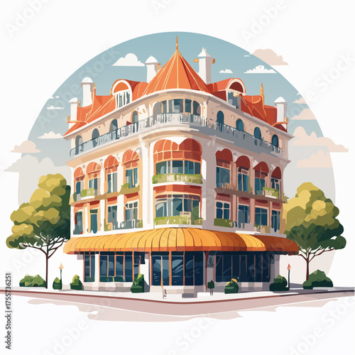 Illustration of a multi story building with a red roof and balconies