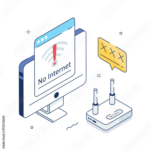 Isometric illustration showing no internet connection and offline mode error page.