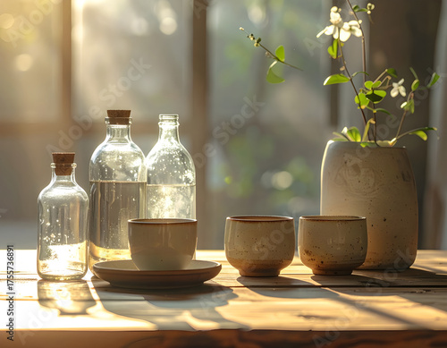 Glass bottles and ceramic cups arranged aesthetically on wooden table with sunlight, minimal eco-friendly composition