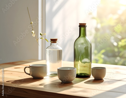 Wallpaper Mural Glass bottles and ceramic cups arranged aesthetically on wooden table with sunlight, minimal eco-friendly composition Torontodigital.ca