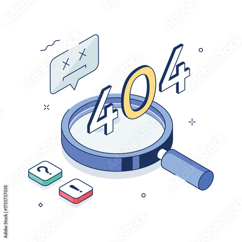 Creative 3D magnifier concept showing 404 page not found website illustration.