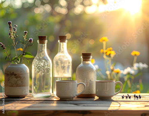 Wallpaper Mural Glass bottles and ceramic cups arranged aesthetically on wooden table with sunlight, minimal eco-friendly composition Torontodigital.ca