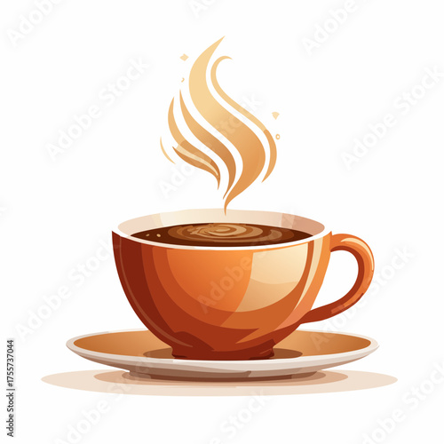 Illustration of a steaming coffee cup with saucer against a white backdrop