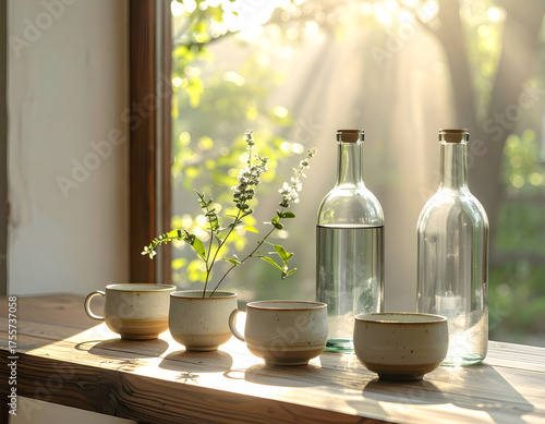 Wallpaper Mural Glass bottles and ceramic cups arranged aesthetically on wooden table with sunlight, minimal eco-friendly composition Torontodigital.ca