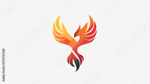 Geometric phoenix rises in fiery orange, red, and yellow hues