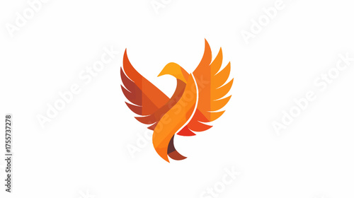 Stylized, geometric phoenix in shades of orange and red, wings spread