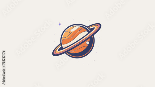 Stylized planet with colorful rings against a pale background, surrounded by dots and a star