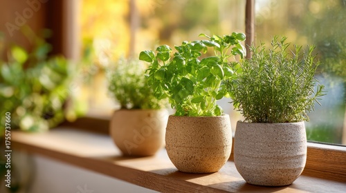 Indoor Herb Garden with Fresh Green Plants in Decorative Pots by Sunlit Window
