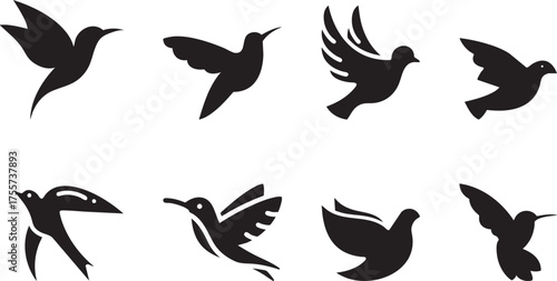 A collection of stylized, silhouette of flying birds, evokes a sense of freedom and graceful flight.