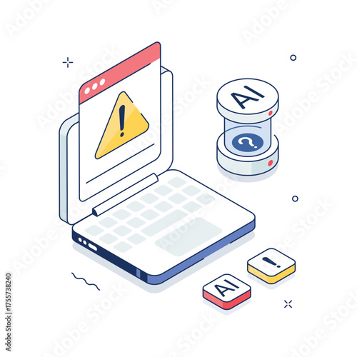Isometric 3D illustration showing AI warning alert on laptop and data tools.